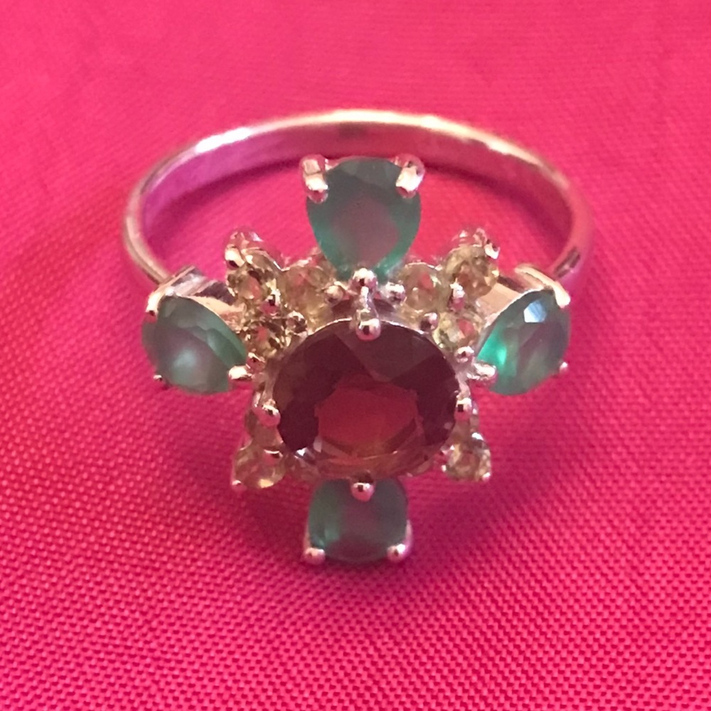 Natural Adventurine , Smokey Quartz and Peridot Sterling Silver Ring - Size 8